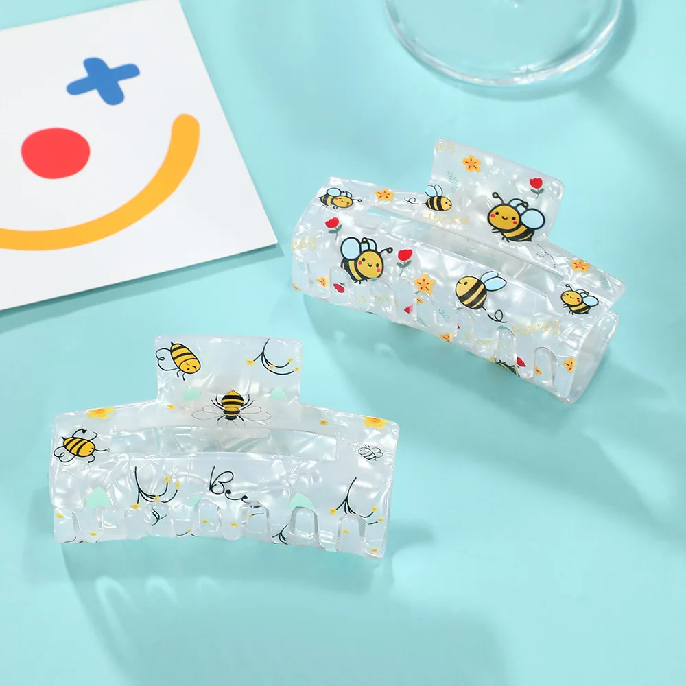 

DS Summer Funny Bee Flower Print Hair Claw Square Acrylic Claw Clips Cute Cartoon Hair Clips for Women Girls Hair Accessories