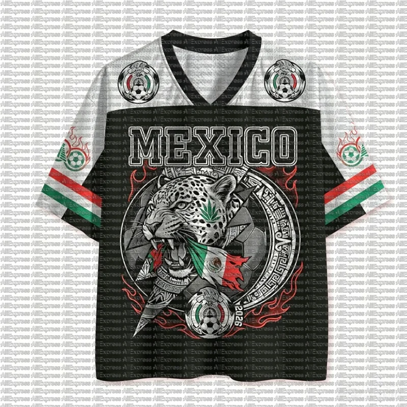 Mexican Football Print Commemorative New Men's T-shirt V-neck 3D Quick Drying Casual Outdoor Sports Adult and Children's T-shirt