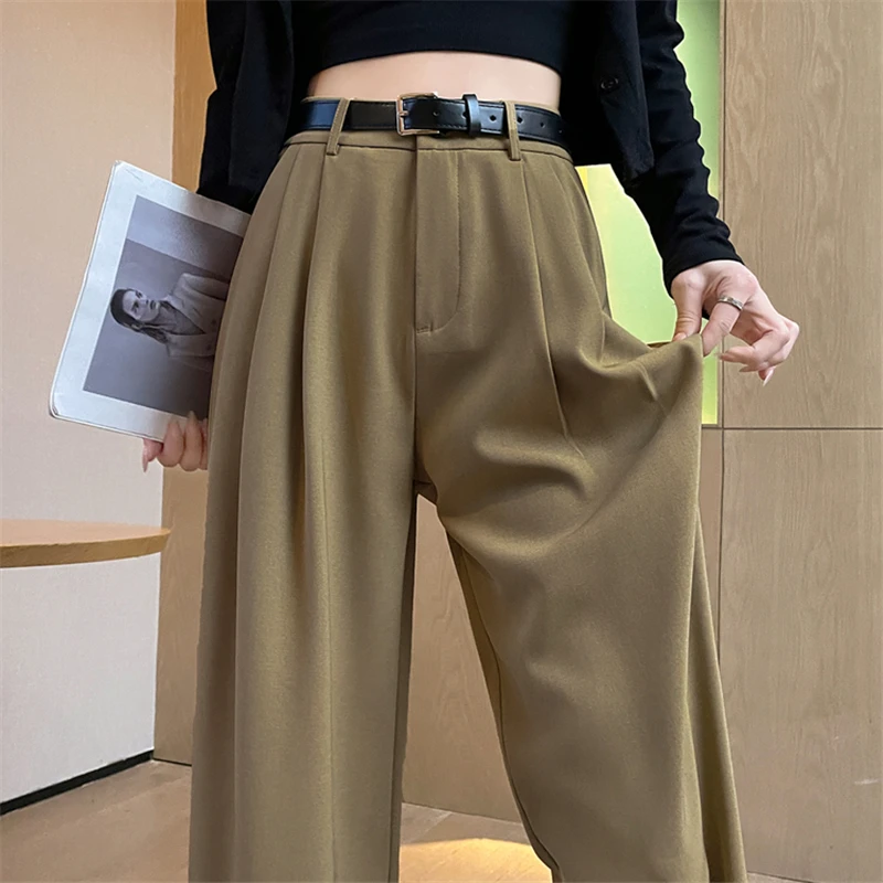 High Waist Suit Wide Leg Women\'s Full Pants with Belted 2024 New Spring Summer Female Elegant Minimalism Straight Loose Trousers