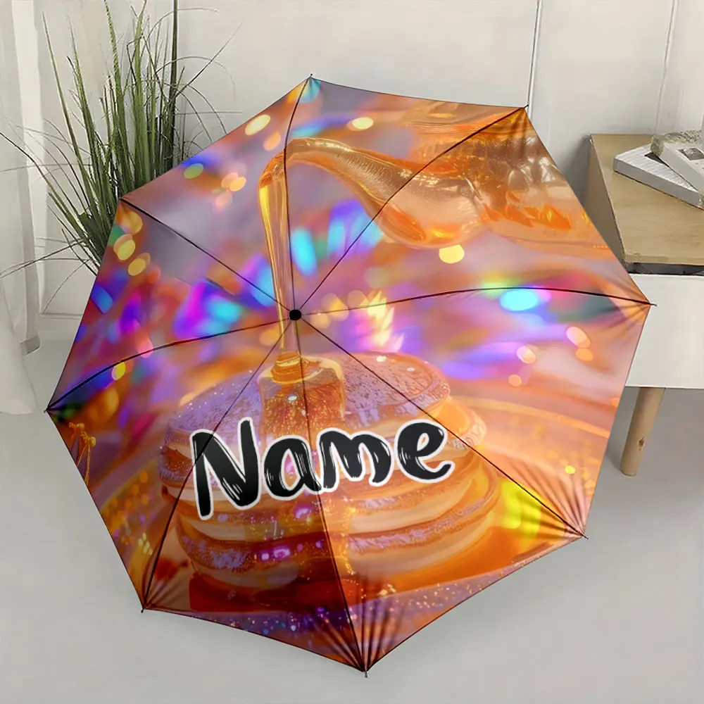 Custom Name Umbrella,Glitter Honey Pancake Color Bokeh Art Print Folding Umbrella for Sunny and Rainy, Birthday Gift