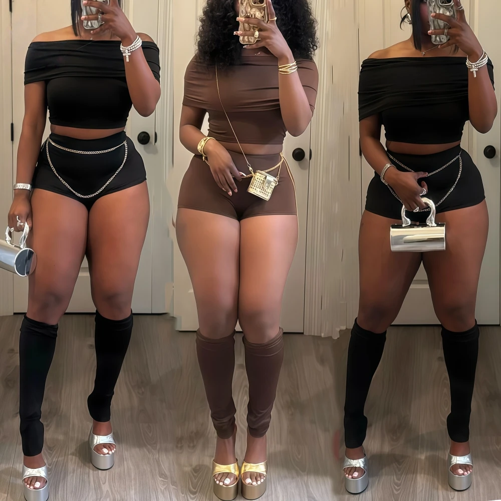 

FAGADOER Y2K Sexy Streetwear 2 Pieces Set for Woman Off Showlder Sleeveless Backless Crop Top and Shorts Suit Female Clothing