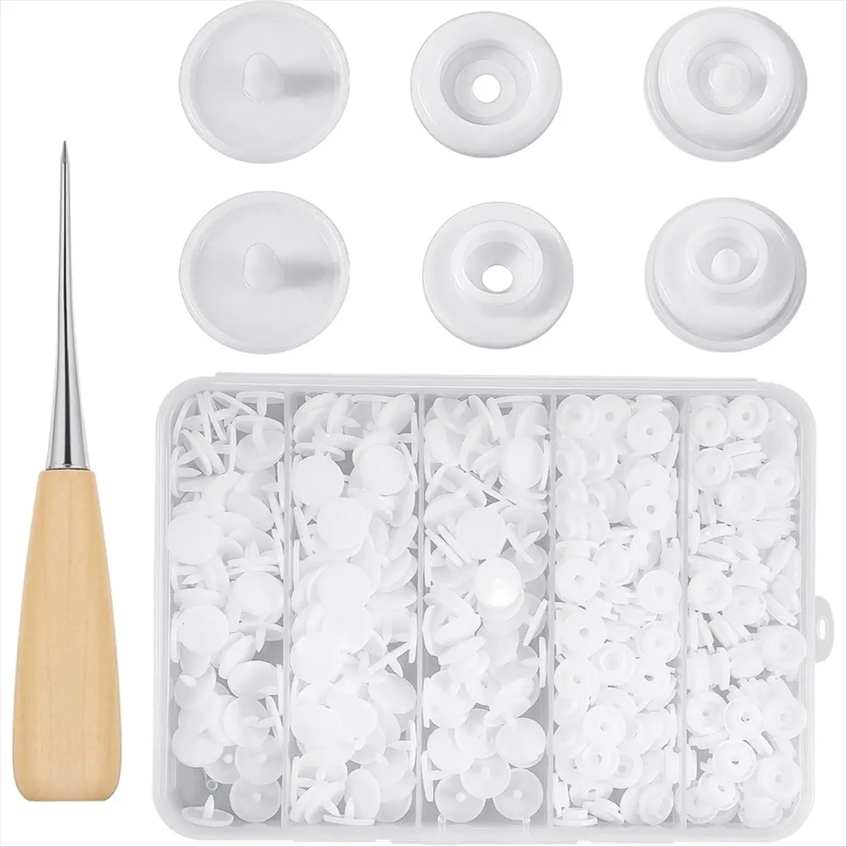 New 100 Sets T5 Plastic Snaps, White T5 Plastic Snaps No Need Tools, No-Sew Buttons for Crafts Cloth Diaper Bibs