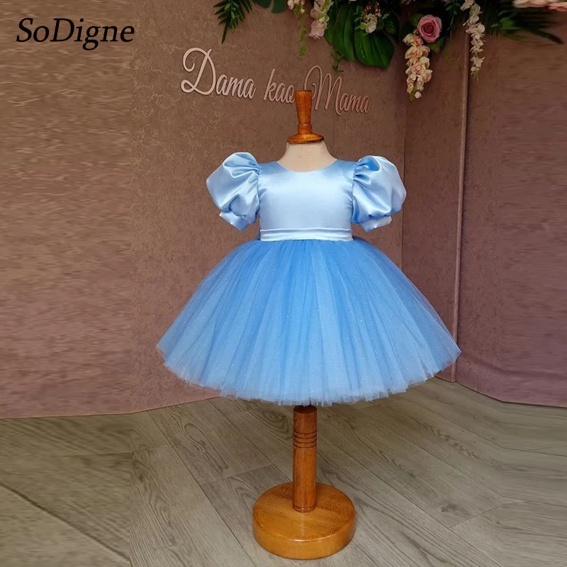 

SoDigne A-line Satin/Tulle Flower Girl Dress O-neck Puffy Sleeves Skirt Girls Party Dresses Simple Kid Gown with Bow Customized