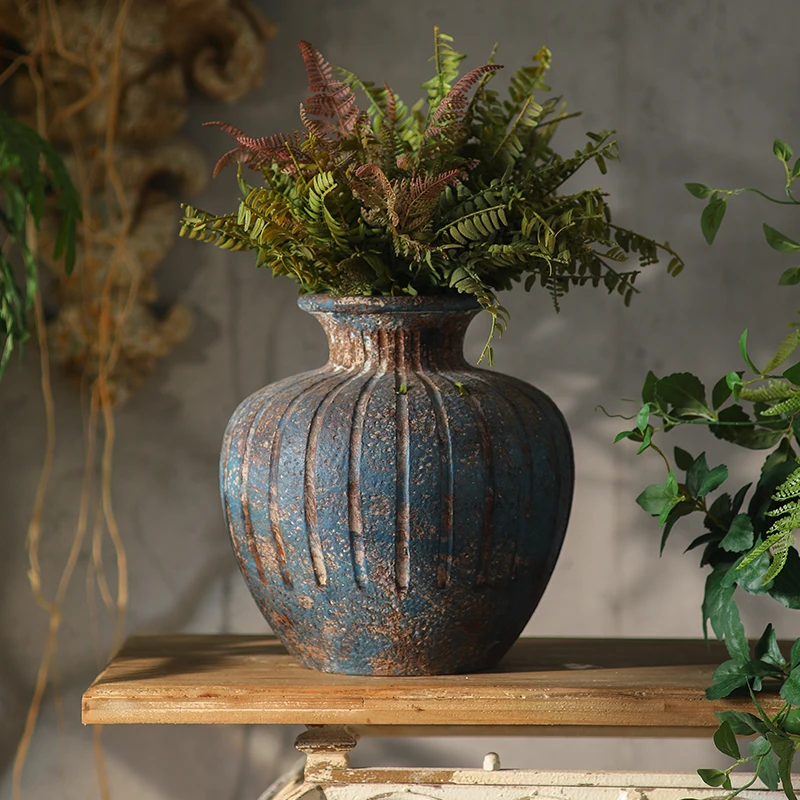 Blue Antique Round Vase, Textured Bulb-Shaped MgO Planter, Rustic Decorative Flower Pot, Vintage Home Decor, 30.5cm