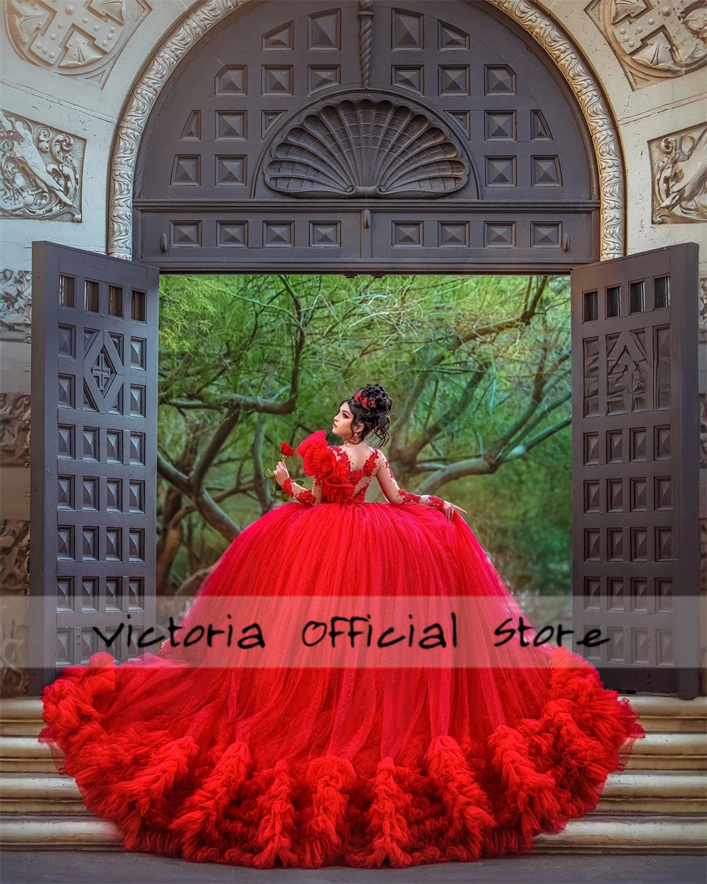 Red Ruched Ruffels Train Lace Applique Mesh Long Sleeve Quinceanera Dress Ball Gown 18th Birthday Debut vestido de charra 15 año