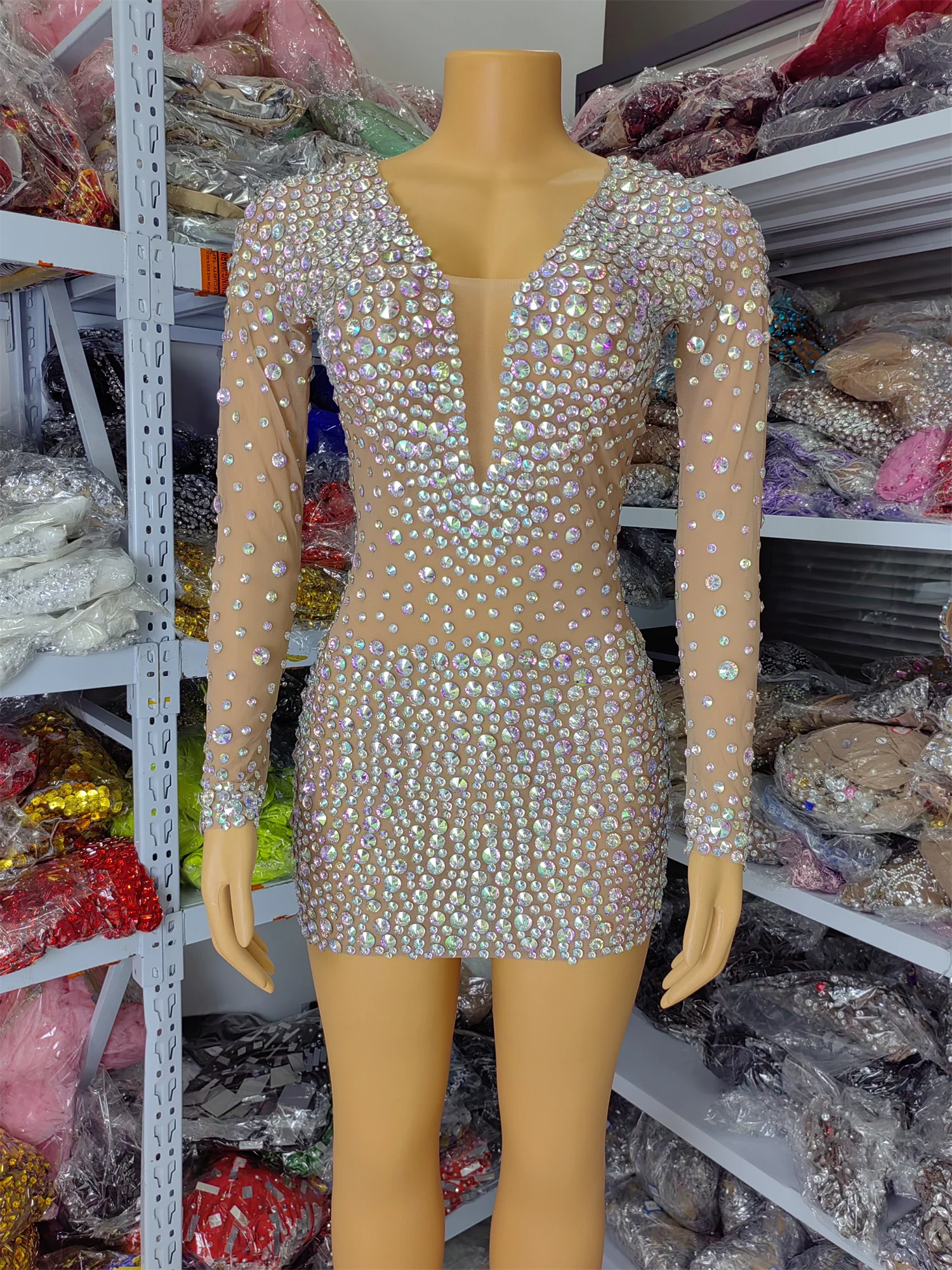 

Women Luxury AB Colorful Rhinestones Mesh Spandex Patchwork Long Sleeve Bodycon Mini Birthday Celebrity Evening Club Party Dress