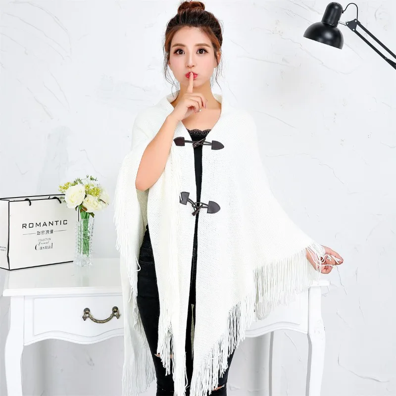 New Fashion Wrap Cape with Fringe Horn Button Solid Color Irregular Double Layer Shawl