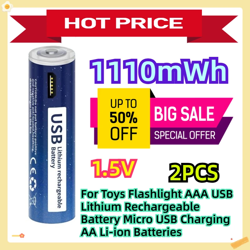 

For Toys Flashlight 1110mWh 1.5V AAA USB Lithium Rechargeable Battery Micro USB Charging AA Li-ion Batteries 2pcs