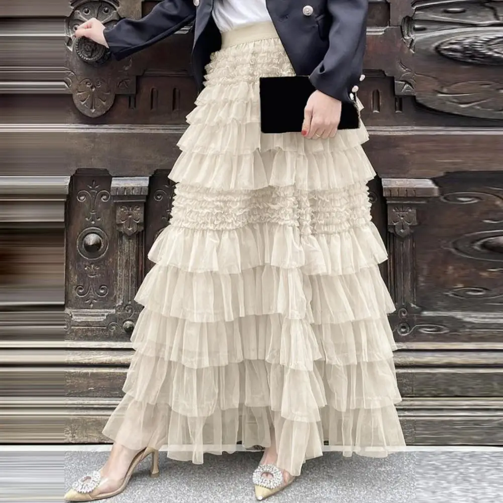 

Korean Women Tulle Skirt Fashion Summer Cake Skirt Elastic High Waist A-Line Multi Layer Ruffle Trim Mesh Hem Midi Skirt 80%