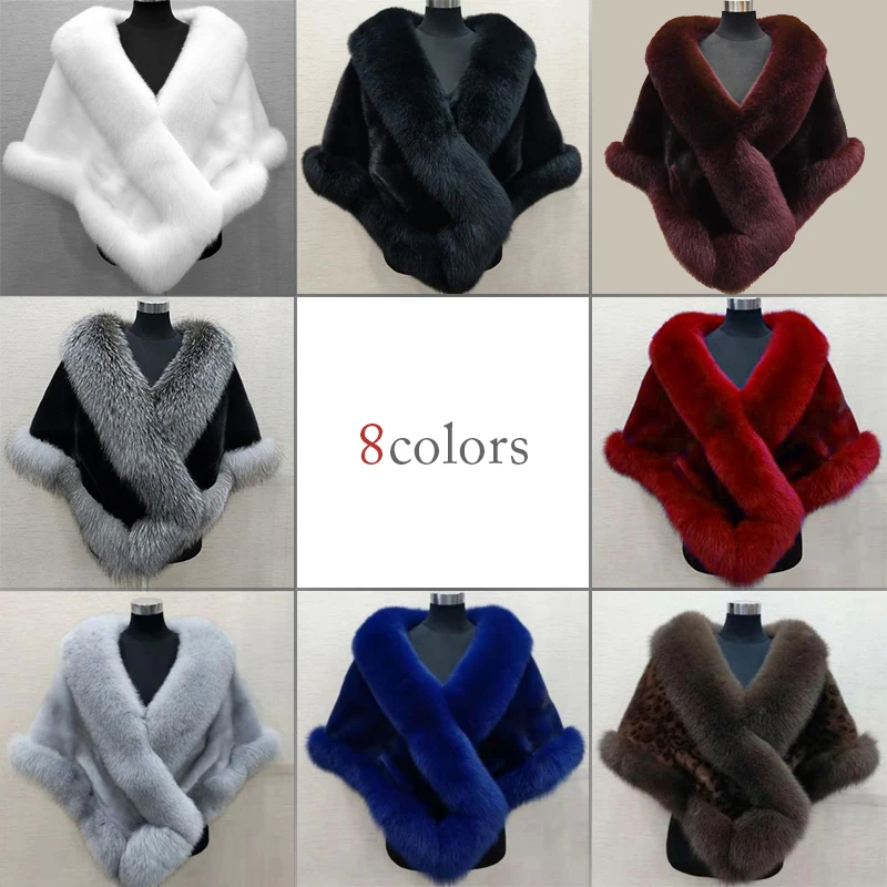 Damski Zimowy Szal z Imitacji Futra Norki i Lisa, Okrycie, Szalik, Bolerko z Imitacji Futra, Szal Ślubny, Peleryna Ślubna, Peleryna do Sukienki, Ciepłe Poncho