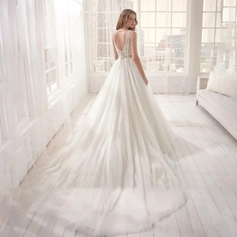 Luxury Wedding Dress Elegant Multi-Layer Lotus Leaf Yarn V-Neck Bead Wedding Gowns Crystal Lace Up Customized Vestido De Noiva