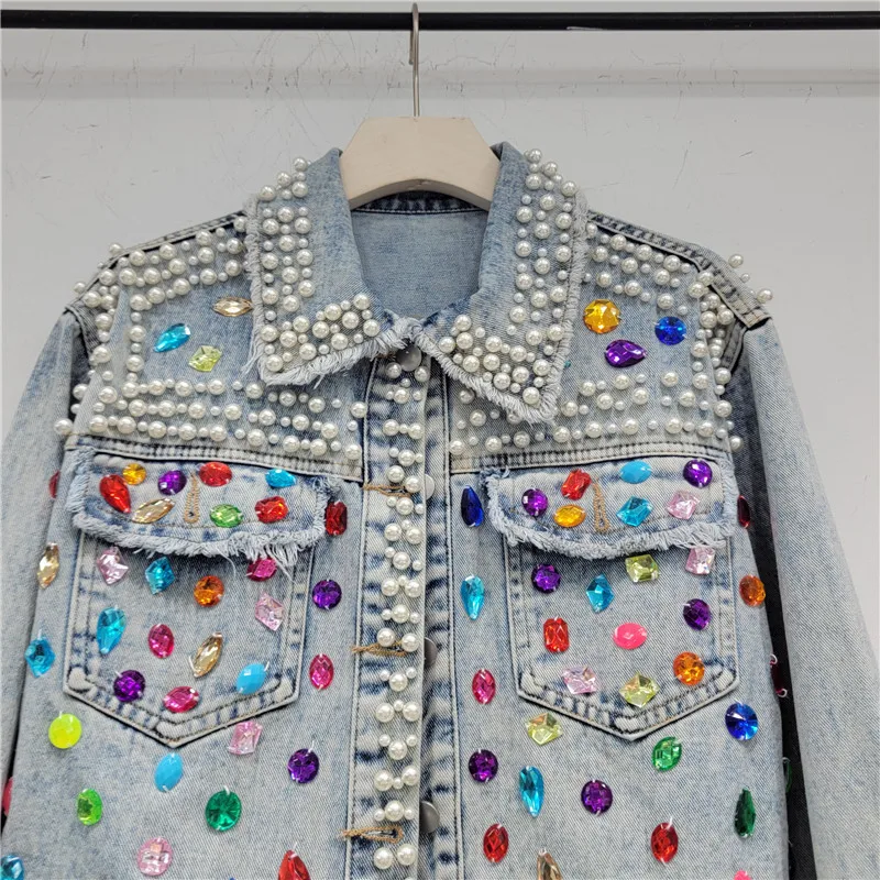 European Station 2023 Spring and Autumn New Heavy Industry Design Sense Rhinestone Beads Skinny Versatile Short Denim Jacket