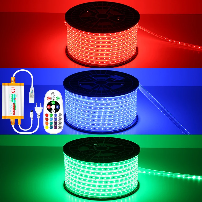AC 220V RGB LED Strip Light with 1500W EU Plug Controller RGB Tape Waterproof Flexible Ribbon For Garden Lighting Decoration
