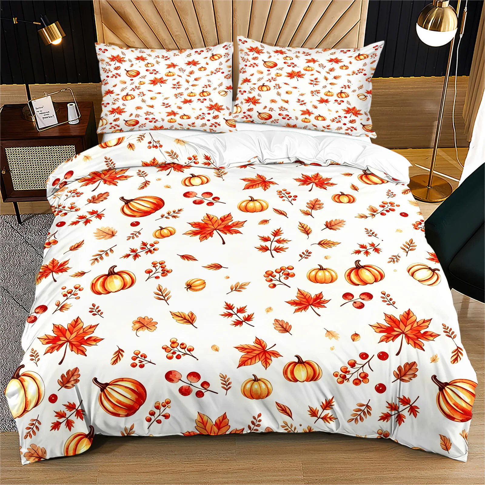 Autumn Pumpkin Maple Leaf Duvet Cover Set Harvest Thanksgiving Theme Bedding Set Microfiber Soft Quilt Cover with Pillowcases