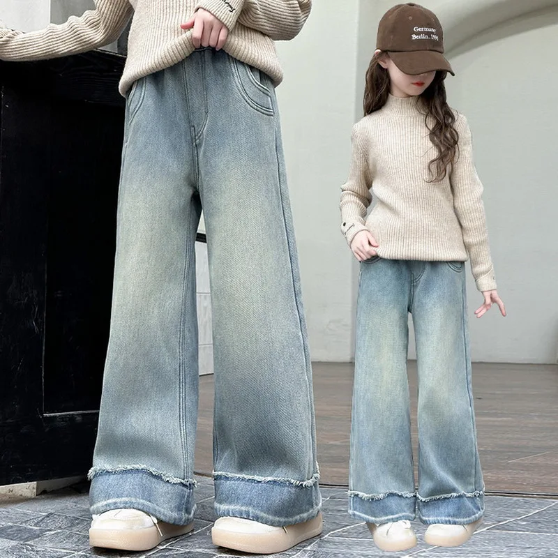 

Children Baggy Jeans With Raw Hem For Teenage Girls Spring Autumn High Waist Wide Leg Trousers Washed Casual Denim Pants Kids