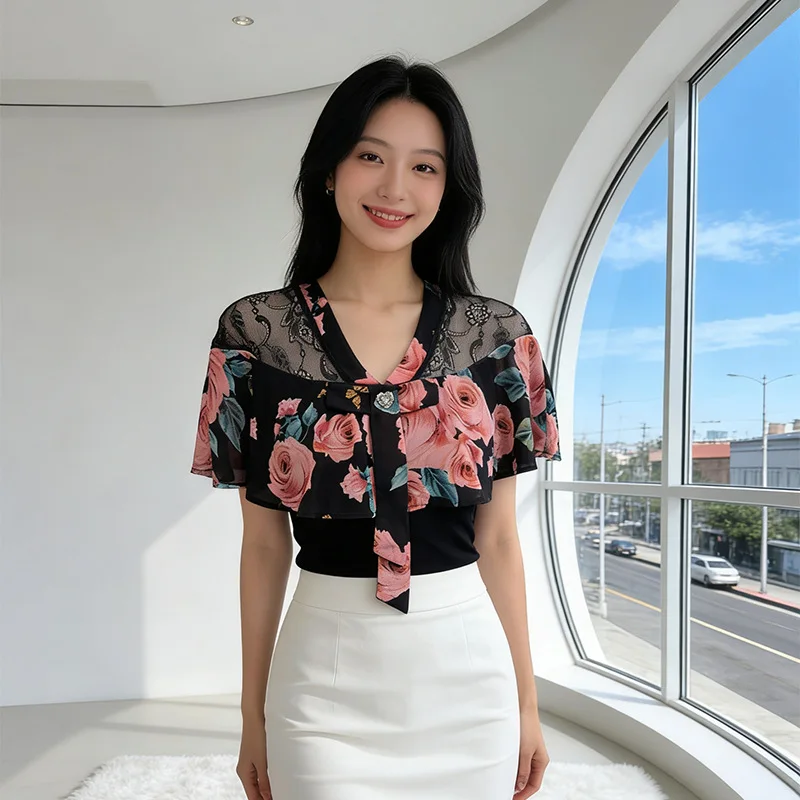 Summer Fashion Print Splice Shoulder Design  Knot Short Sleeve Top Stylish Design Sense Small Shirt Casual Slim Fit ...