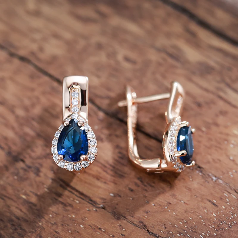 Wbmqda New 585 Rose Gold Color Drop Shape Blue Natural Zircon Earrings For Women Luxury Trendy Jewelry 2023 Hot Accessories