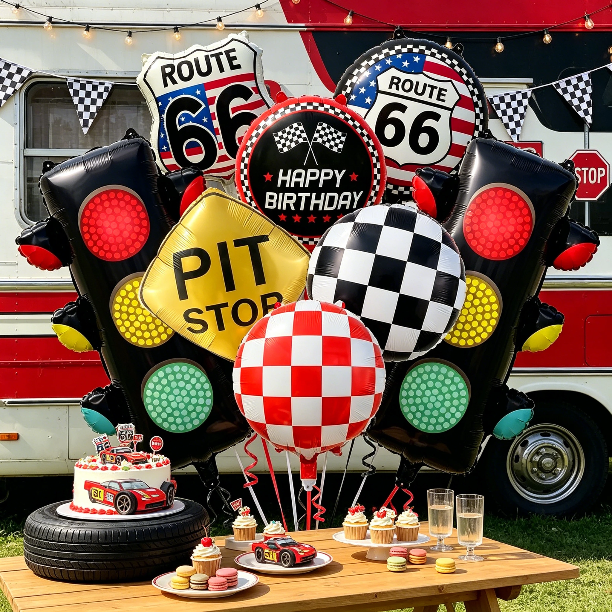 Race Car Party Foil Balloons Set of 8, Route 66 Theme, Traffic Light, Checkered Flag, for Race Car Birthday, Road Trip Party - view 6