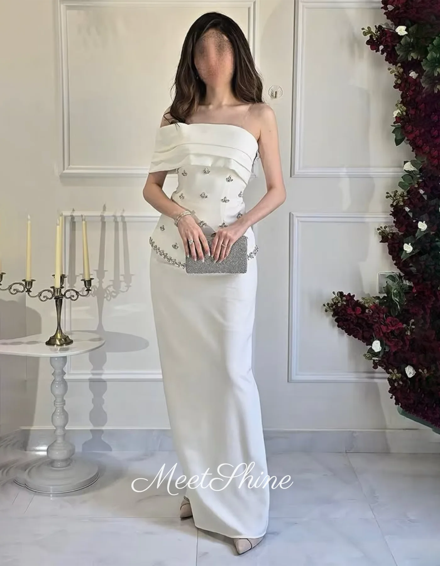 Gaun Malam Manik-manik Tanpa Tali Putih Gaun Prom Kristal Formal Satin Gaun Pesta Pernikahan Satu Bahu Kerut 2025 Disesuaikan