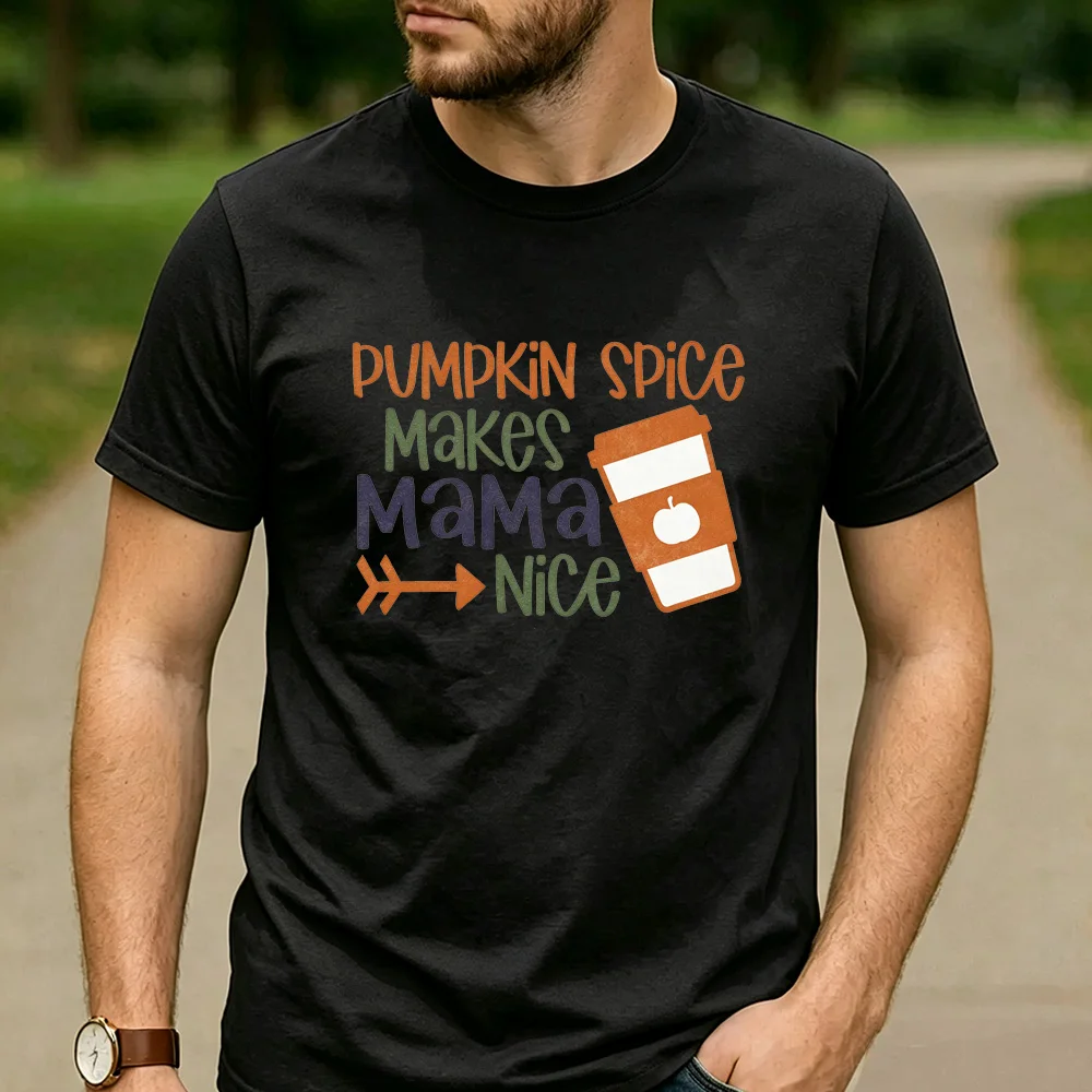 Vintage Pumpkin Spice Makes Mama Nice Latte Graphic T Shirt Unisex Cotton Short Sleeve Fall Autumn Mom Coffee Lover Casual Tee