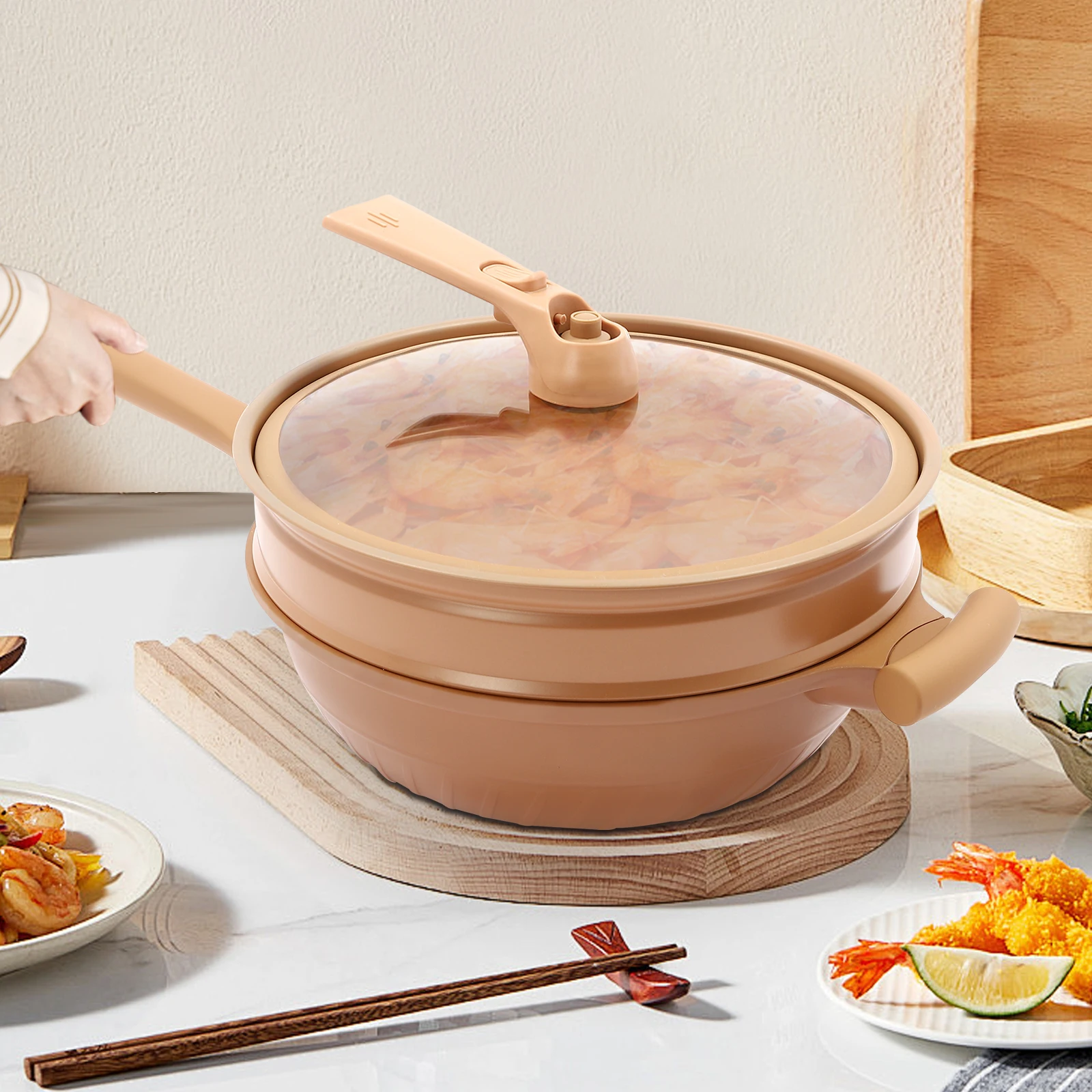 

Micro Pressure Cooker with Steamer Basket, 32cm Clay Color Non-Stick Cooking Pot, Dishwasher Safe, Multi-Purpose Kitchen Pot
