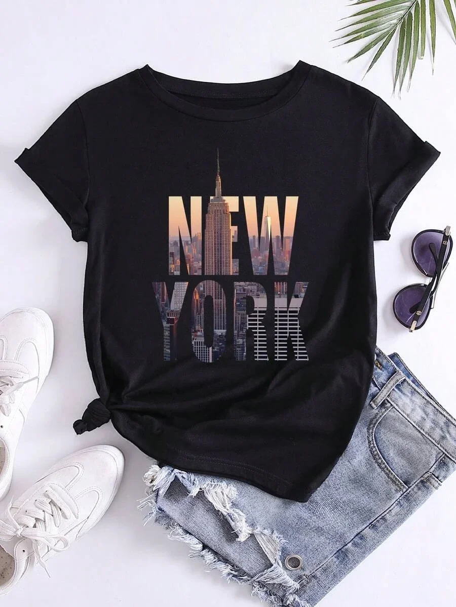 New York City Letter Print T Shirts For Women NYC Skyline Building Graphic Crew Neck Short Sleeve Holiday Travel Casual Ladies Tee Top