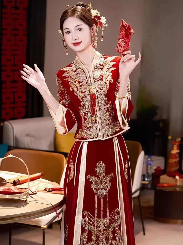 

ort Women's Velvet Wedding Dr V-Ne Dragon And Phoenix Coat ow Clothing Traditional Chinese Wedding Gown Fem Adult