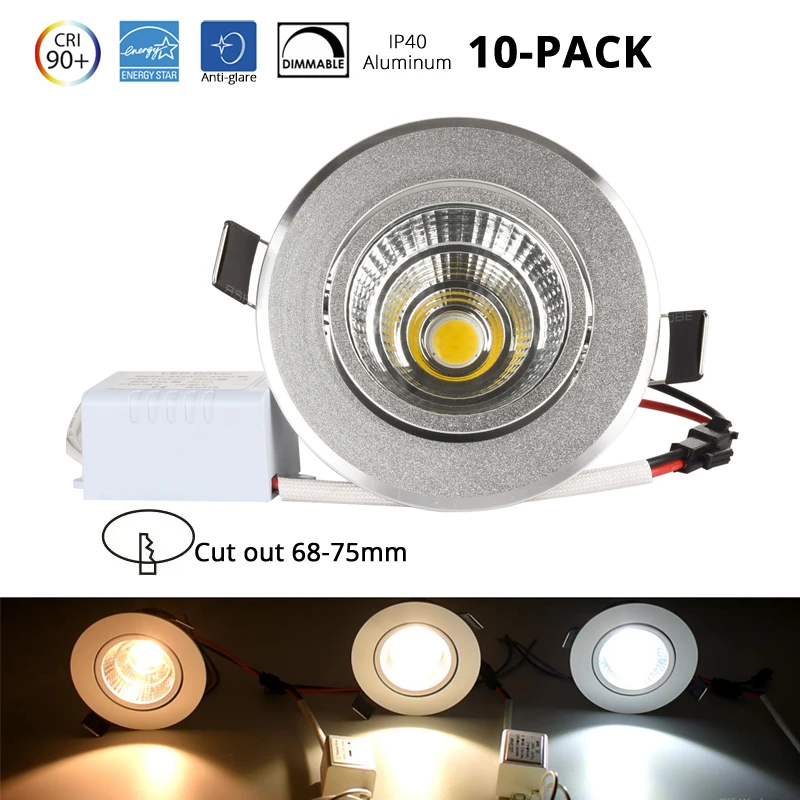 

10-PACK Silver LED Downlight Interior Recessed Ceiling lighting Dimmable Mini 3W 5W 7W COB Anti-glare CRI90 =60W Halogen Bulbs