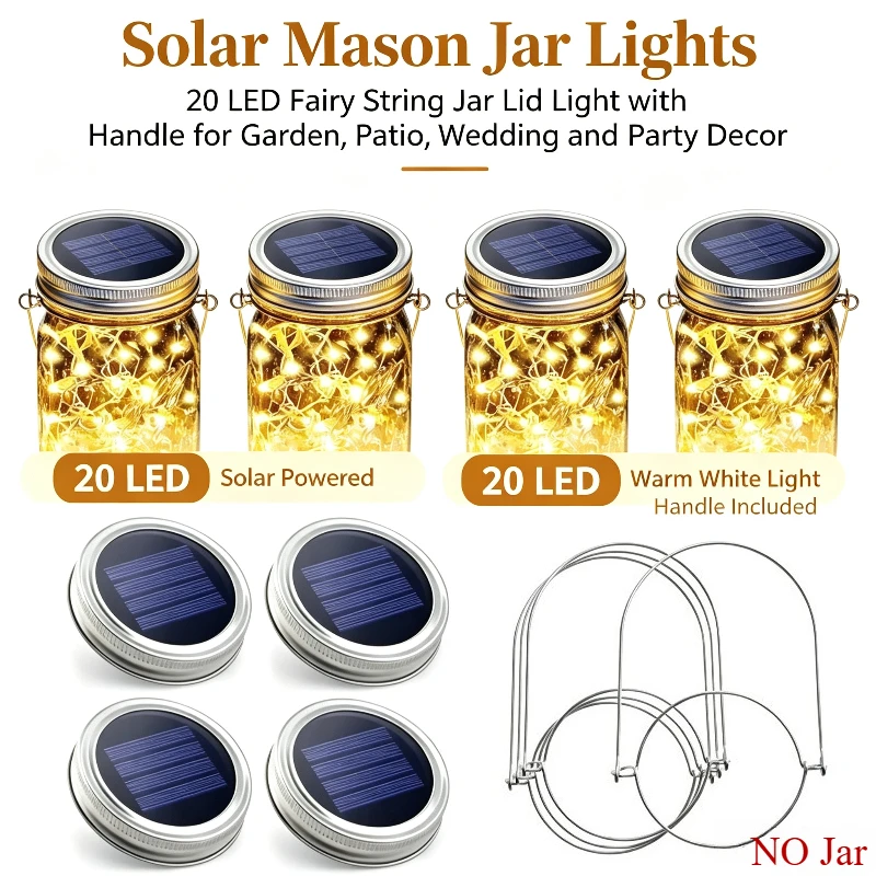 Solar Mason Jar Lights, 20 LED Fairy String Jar Lid Light with Handle for Garden Patio Wedding Party Decor (No Jar)