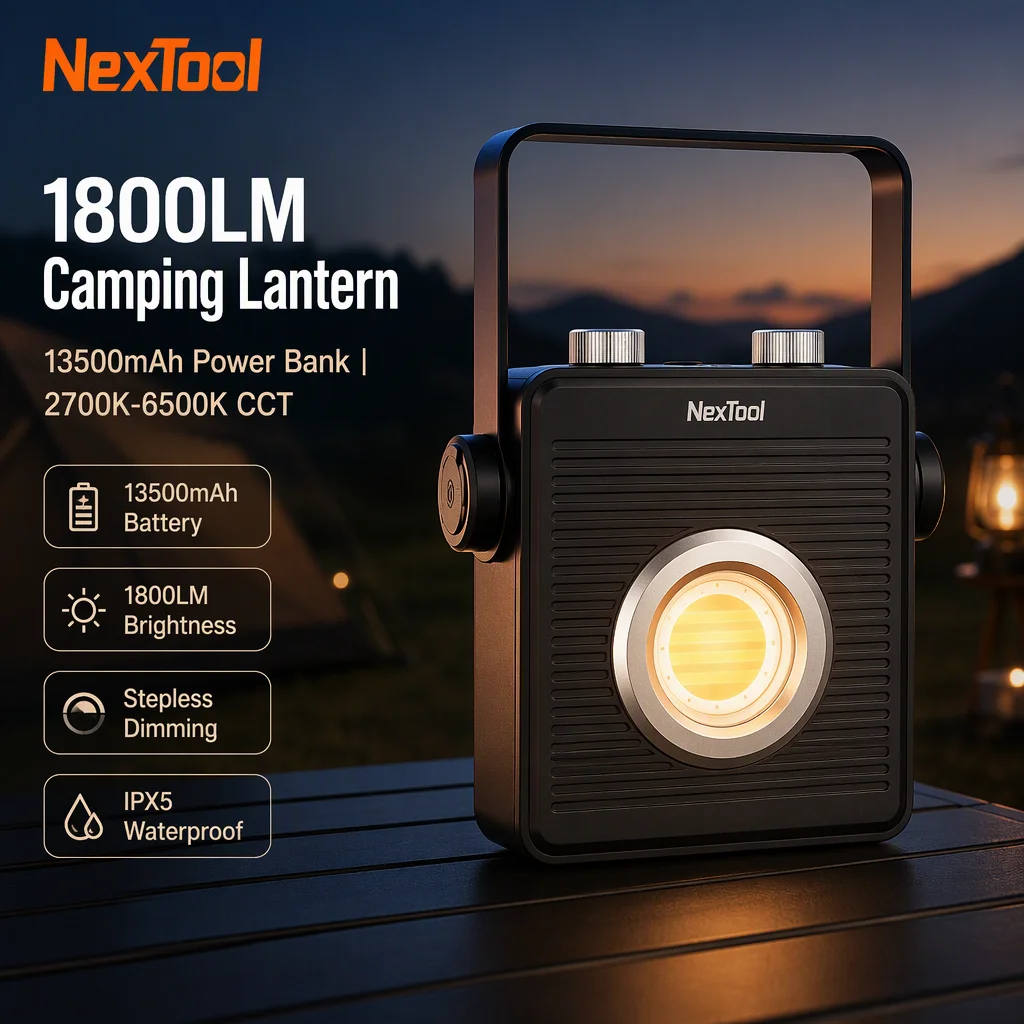 NexTool 1800Lm Camping Light Rechargeable Lantern 13500mAh Portable Emergency Night Market Light Power Bank Outdoor Flashlight