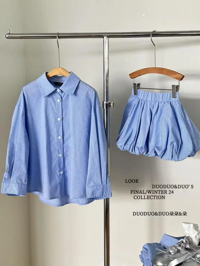 Girls' Summer Set Fashion College Style New Children's Stylish Thin Checkered Shirt+Skirt 2-piece Set