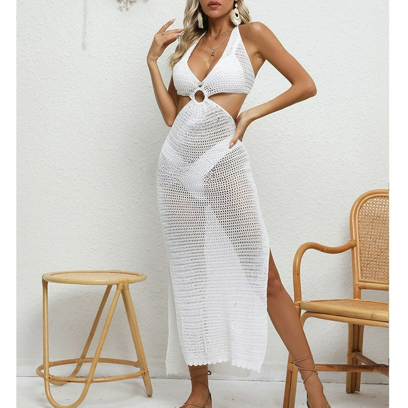 Robe de plage sexy et ajustée, avec taille exposée, col licou, bretelles en V profond, protection solaire, robe longue une pièce