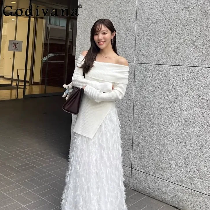 2025 Japanese Style Sweet Elegant White Feather Sling Dress Sweater 2-Piece Set Women's Slimming Elegant Princess Dress Set