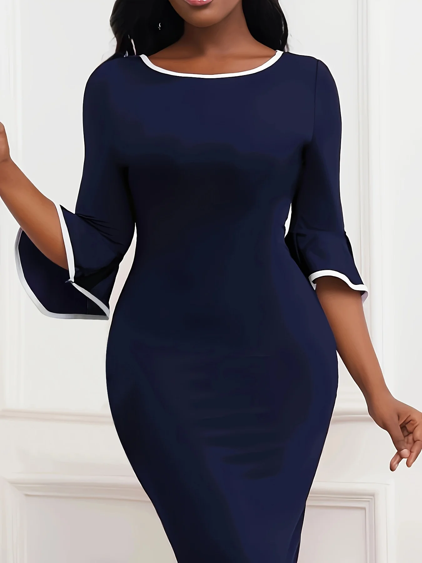 

Casual solid-color patchwork O-neck one-step dress