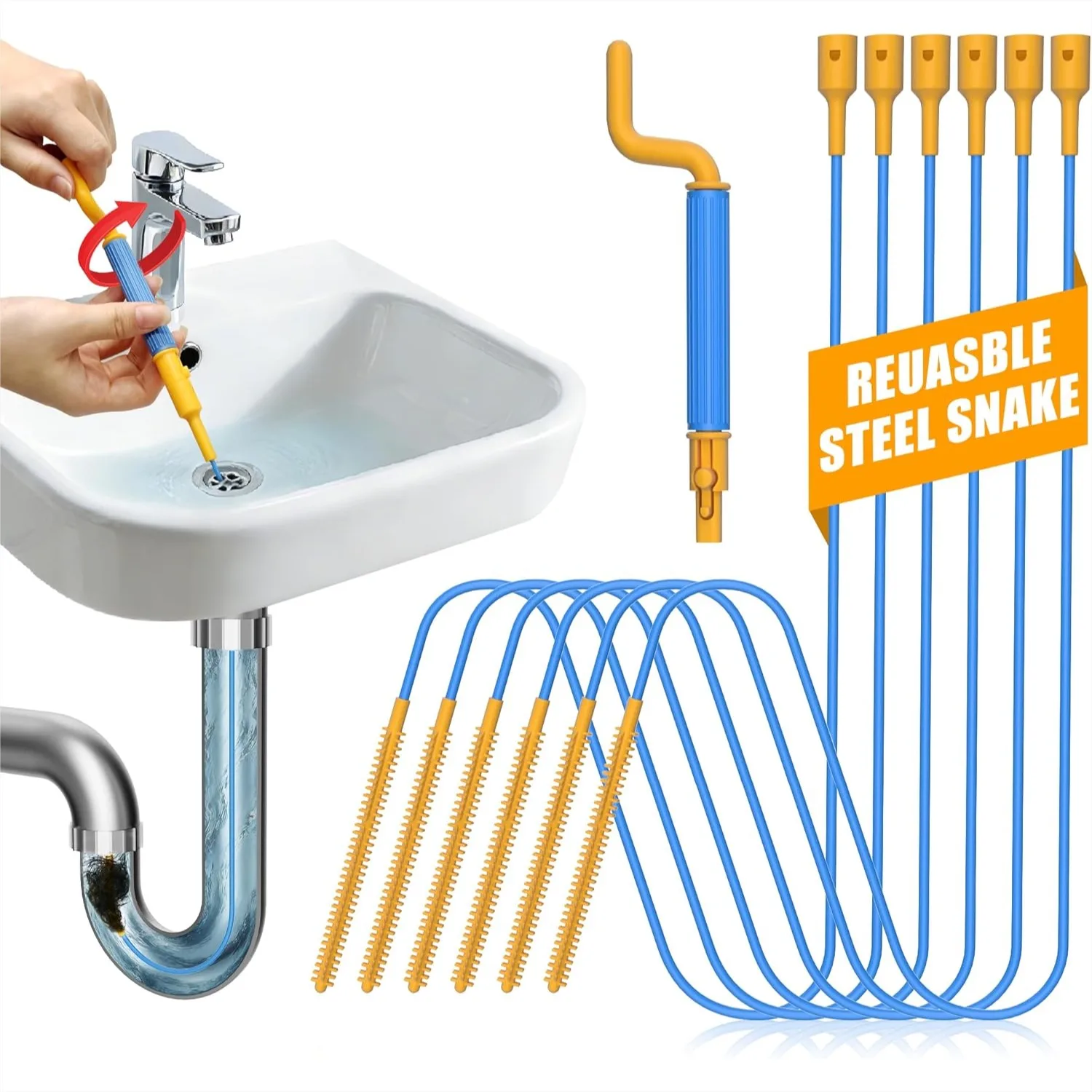 

Drain Snake Hair Clog Remover 6 Pack, 30-Inch Reusable Steel Sink Snake with Rotating Handle for Bathroom Sink, Shower, Bathtub