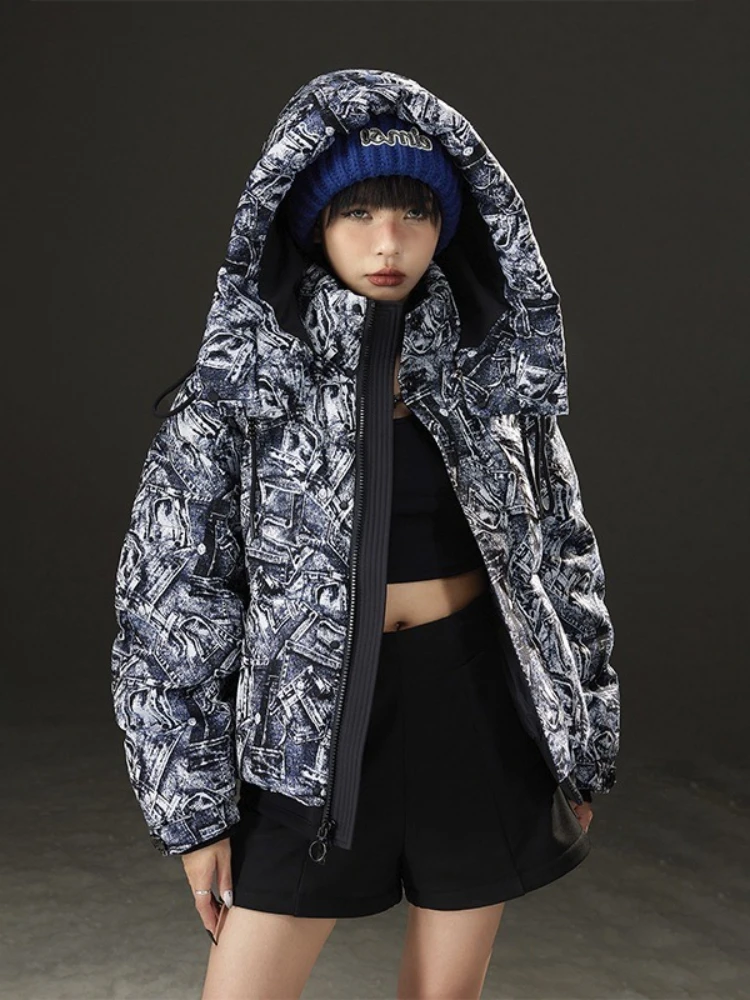 Piumino stampato 90% piumino d'anatra bianca donna casual abito corto da pane 2025 nuovo inverno spesso caldo parka da neve capispalla