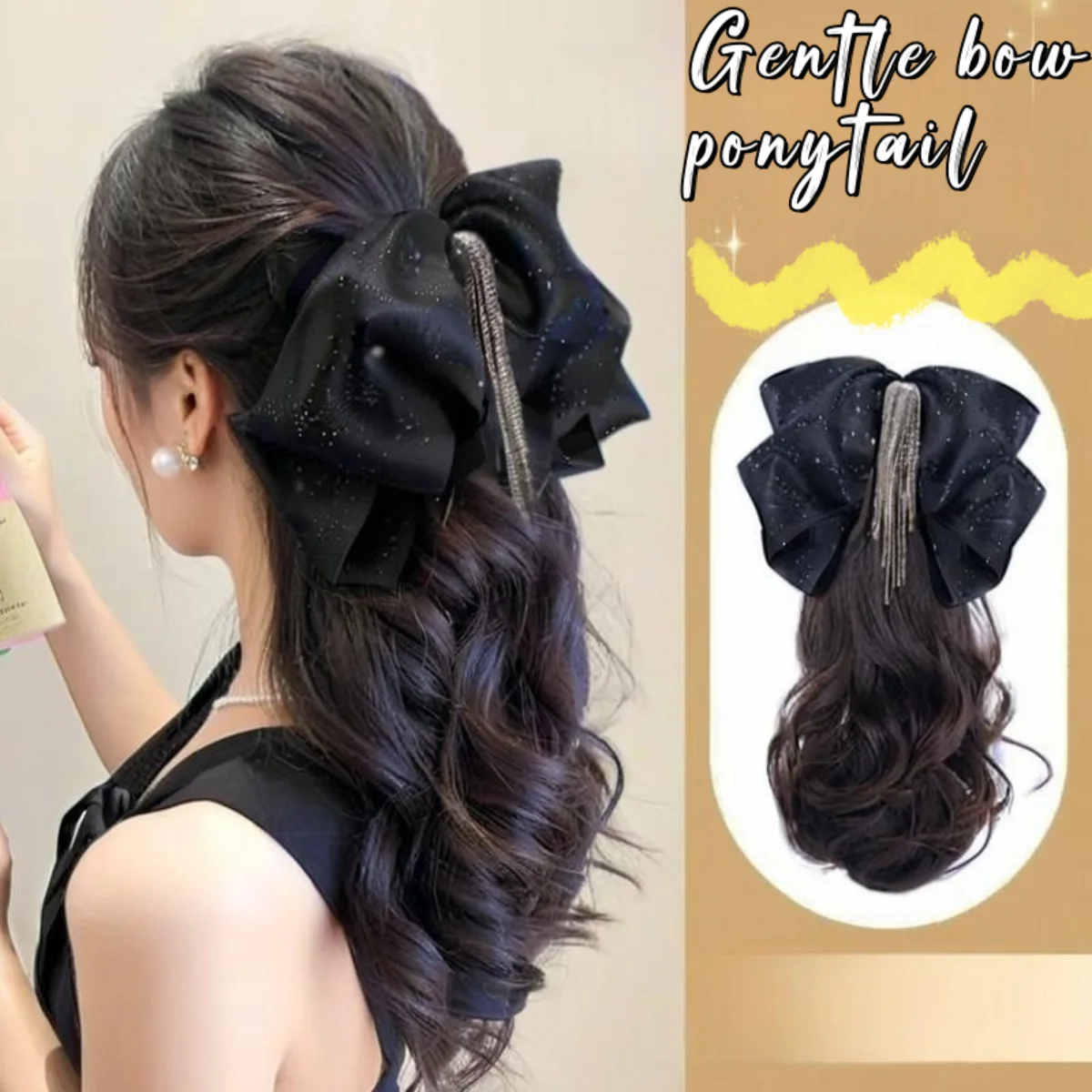 

Korean-Style Bow Hair Extensions, Black Glitter Bow Hair Clip Extensions, and Rhinestone Tassel Bow Synthetic Wig Claw Clip