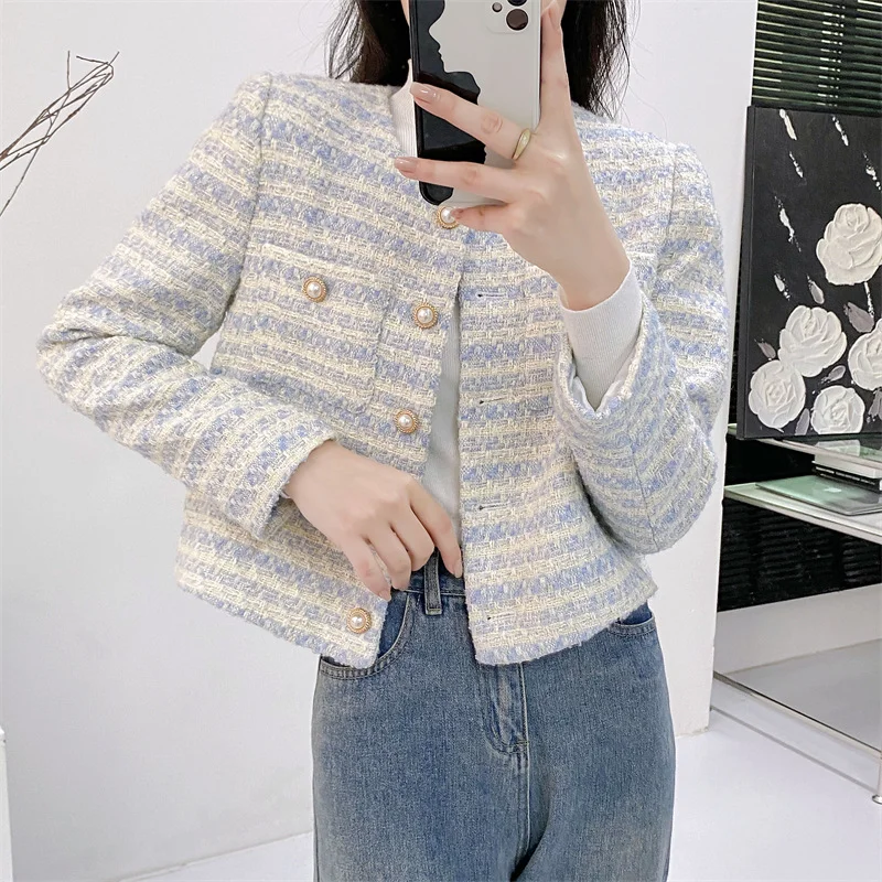 

Light Blue Small Fragrance Striped Coat Women's Autumn New Tweed Round Neck Gentle Casual Basic Pearl Button Sweet Short Coat