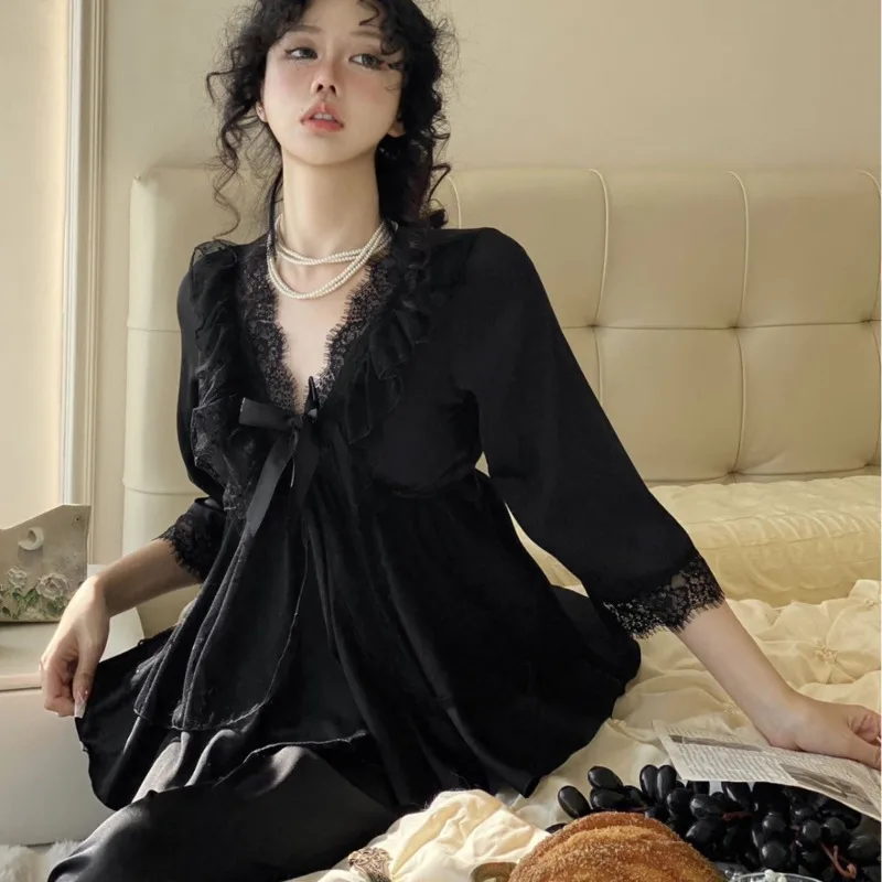 

2026 Spring Summer Princess Sexy Cute Ice Silk Pajamas Women Lace Bownot Sweet Long Sleeve Pants 2piece Set Nightgown Sleepwear