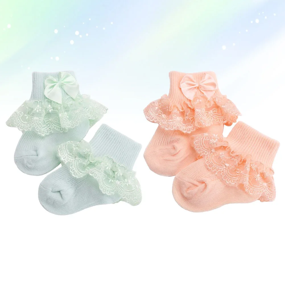 2 Pasang Kaus Kaki Bayi Desain Renda Simpul Pita Stoking Hangat Lembut Bersirkulasi Udara Balita Hijau Oranye Ukuran M 1-2 Tahun Kaus Kaki untuk Bayi