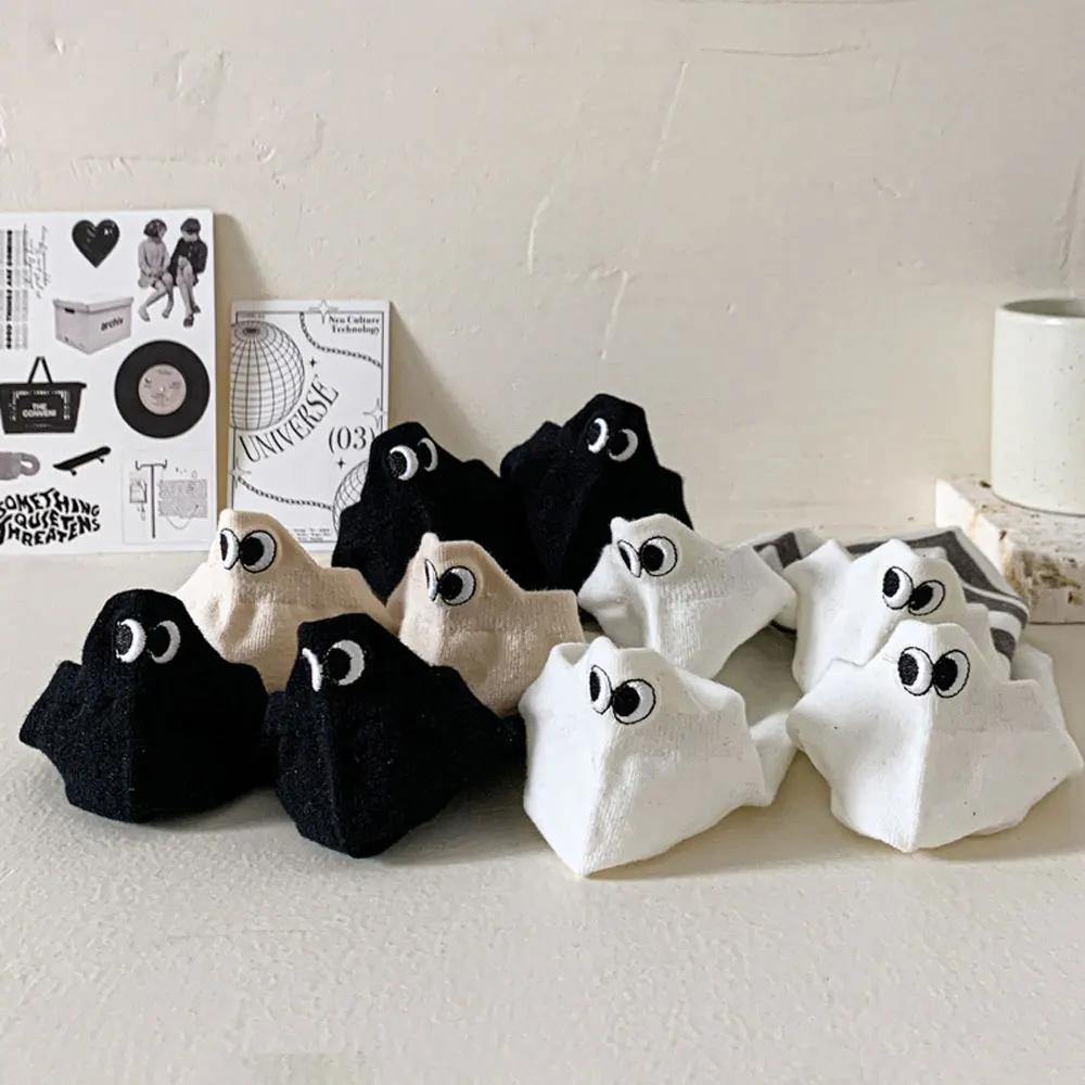 

5 пар белых носков до щиколотки с глазами аниме для женщин Y2K Kawaii, короткие носки, хлопковые дышащие забавные носки с вышивкой, милые