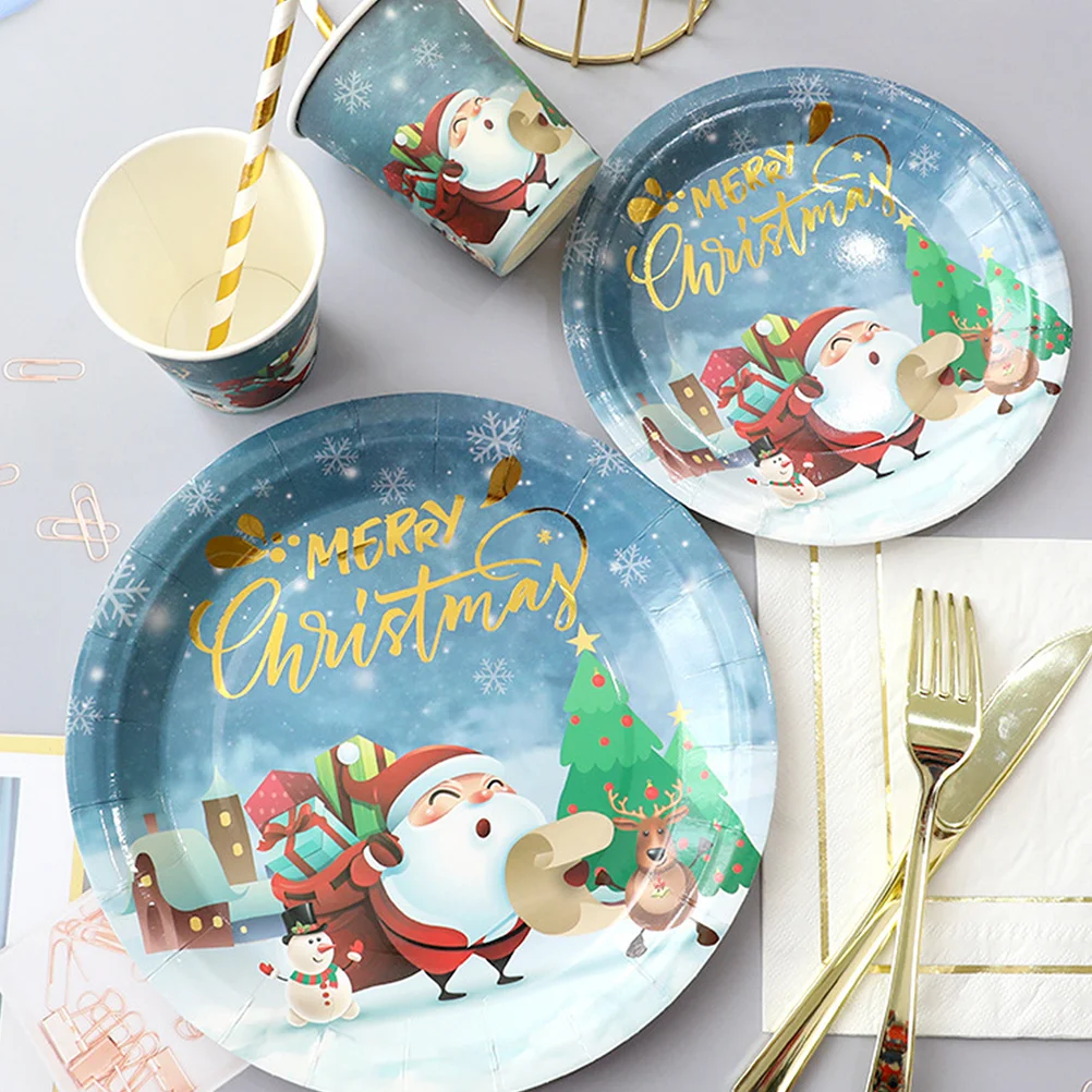 

20 Pcs Christmas Cutlery Set Wood Water Cup Serving Utensils Flatware Plate Tableware Dessert Dish