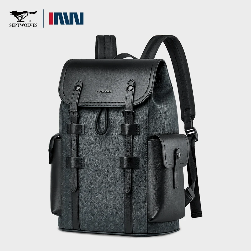 Septwolves High Quality Business Printed Leather Backpack Man Designer Drawstring Flip Monogram Laptop Bags Print Work Rucksack
