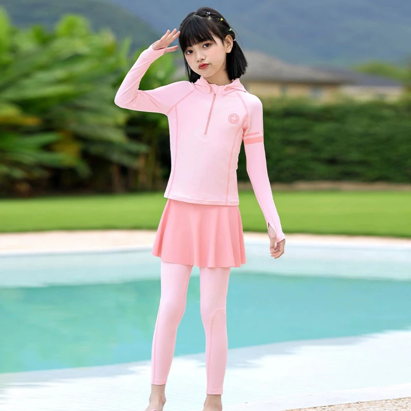 Three Pieces Kids Burkini Girls Long Sleeve Swimsuit with Hat Skirt Leggings Sun Protection Muslim Swimming Suit Bathing