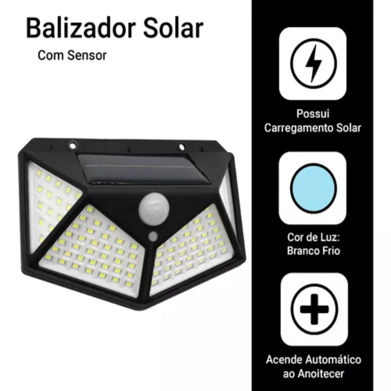 5 Parede Solar 100 Leds Luz Balizador Jardim Lumin Solar Lumin