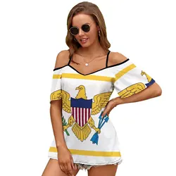 United States Virgin Islands Flag Print O-Neck Off-The-Shoulder Top Short-Sleeved T-Shirt Ladies Streetwear Flag Banner