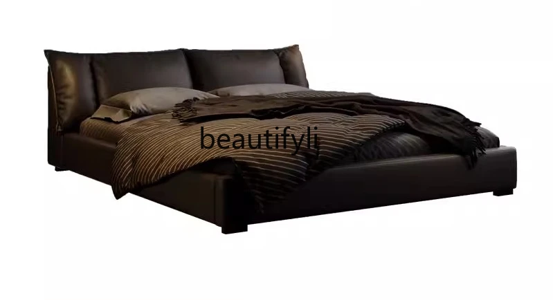 

Modern Simple Imported Cowhide High-End Elegant Bed Light Luxury Marriage Bed Italian Master Bedroom Soft Pack Bed