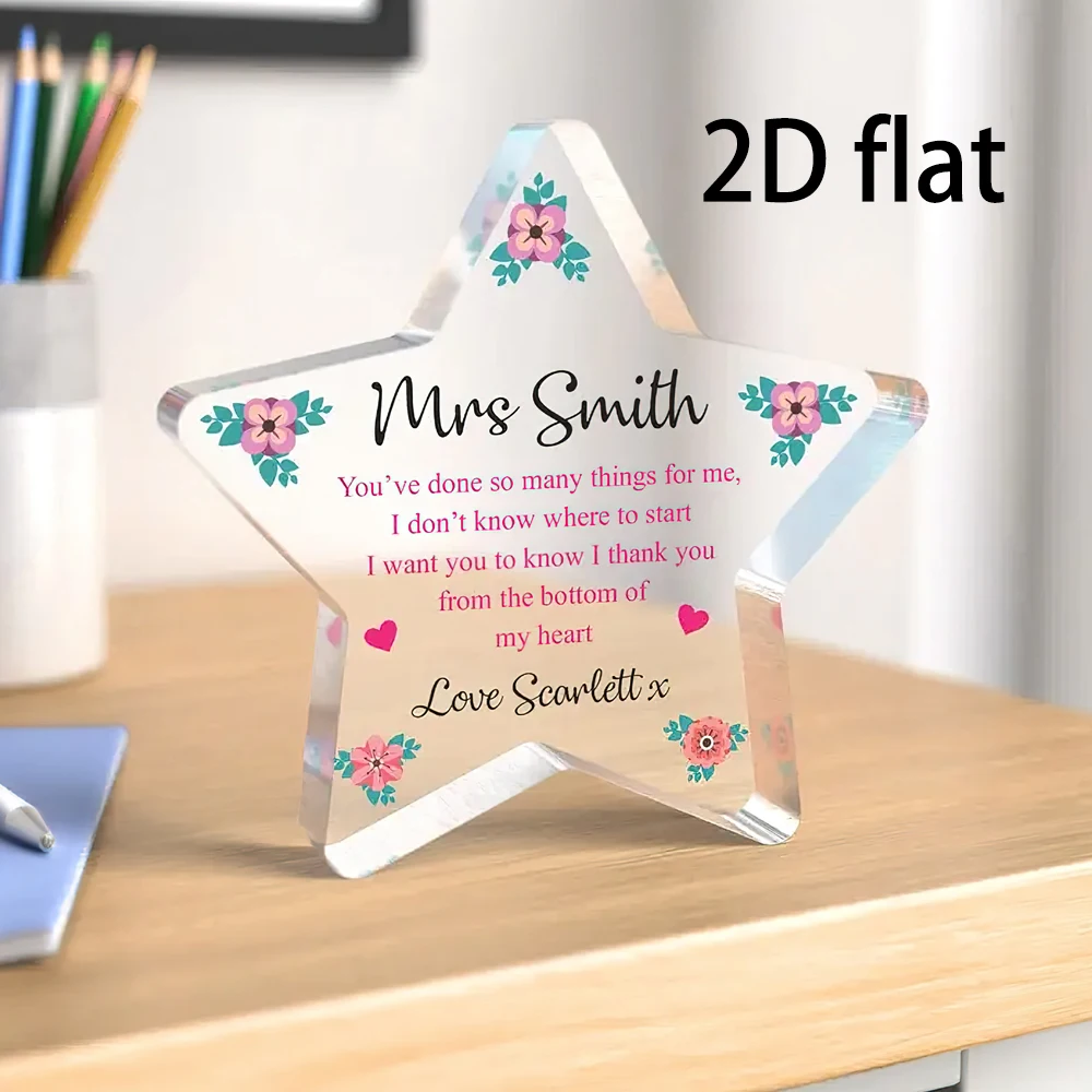2D Flat, Personalized Acrylic Teacher Gift - Custom Appreciation Plaque with Floral Star Design, High-Quality Acrylic Indoor/Out