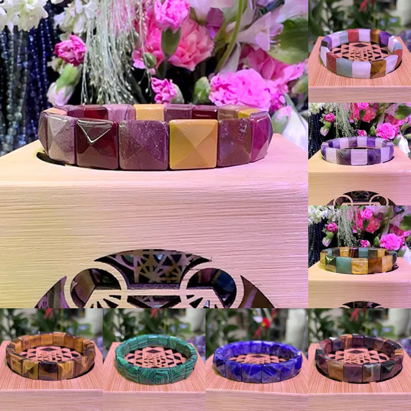 12MM Natural Amethyst Tiger Eye Square Pyramid Shaped Carved Stone Crystal Bracelet For Men And Women Fashion Jewelry Wholesale
