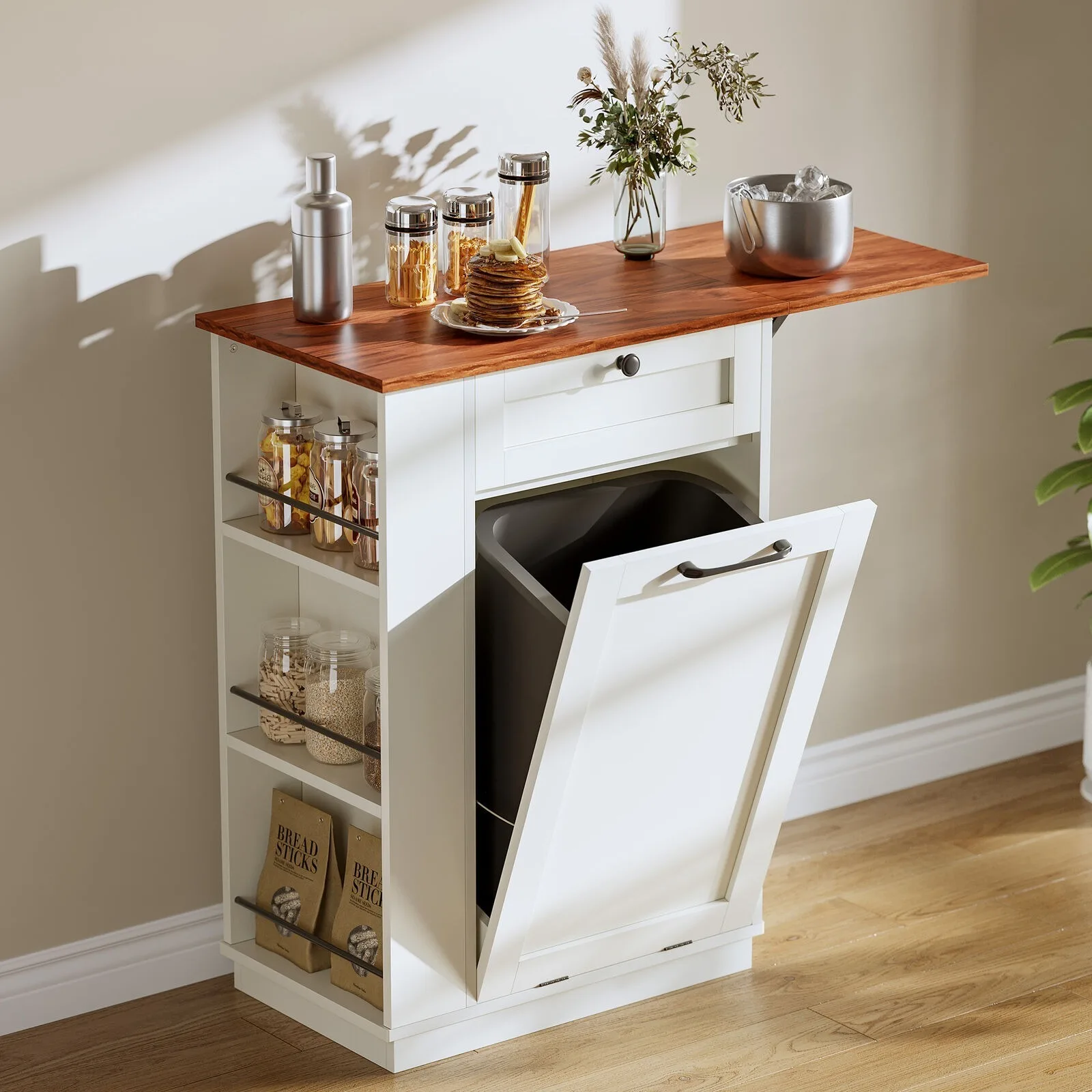 US Kitchen Cabinet Tilt-Out Trash Can Cabinet w/Storage Cabinet & Drop Leaf White